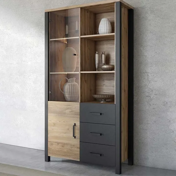 Vetrina 101x191h cm 2 ante 3 cassetti moderna quercia nero opaco Nebraska