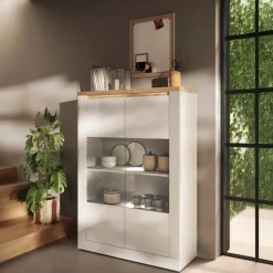 Vetrina 114x160h cm 2 ante con led bianco lucido rovere chiaro Istria