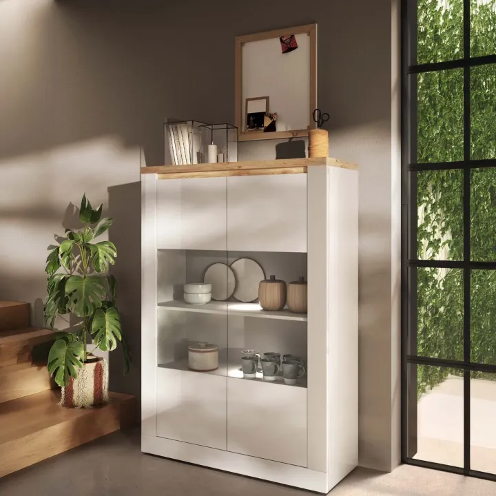 Vetrina 114x160h cm 2 ante con led bianco lucido rovere chiaro Istria