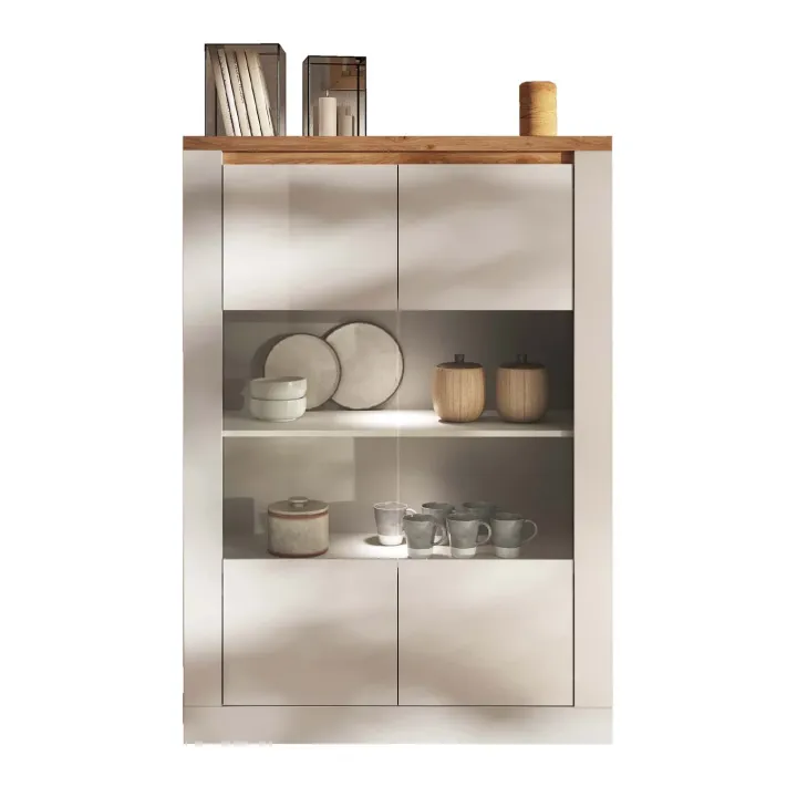 Vetrina 114x160h cm 2 ante con led bianco lucido rovere chiaro Istria
