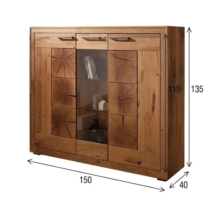 Vetrina 150x135h cm 3 ante legno massello rovere Ebania