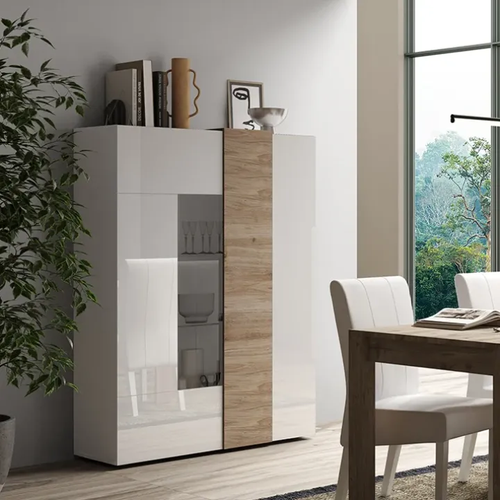 Vetrina 121x168h cm 2 ante moderna bianco lucido rovere Universal