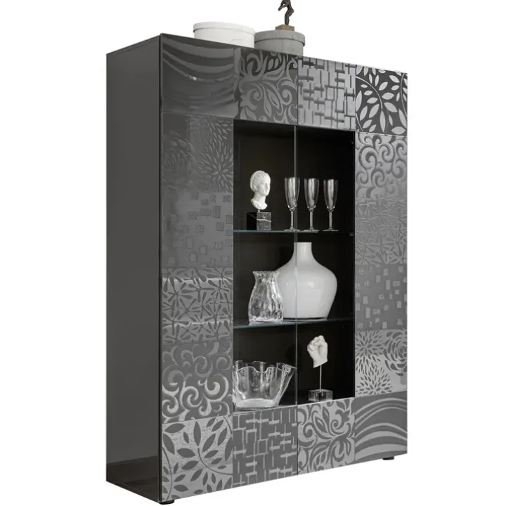 Vetrina 121x166h cm 2 ante moderna grigio scuro con serigrafia Paradise