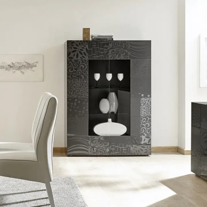 Vetrina 121x166h cm 2 ante moderna grigio scuro con serigrafia Paradise