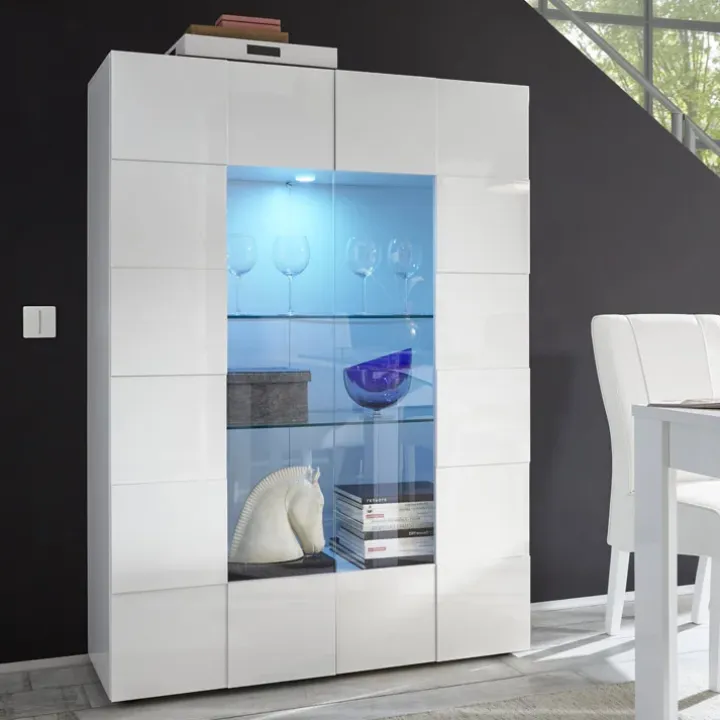 Vetrina 121x166h cm 2 ante moderna soggiorno bianco lucido Obsession