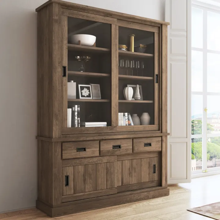 Vetrina 150x204h cm 4 ante scorrevoli 3 cassetti soggiorno noce nero Islen