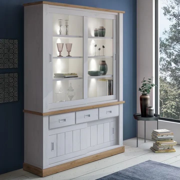 Vetrina 150x204h cm 4 ante scorrevoli 3 cassetti soggiorno bianco frassinato rovere Islen