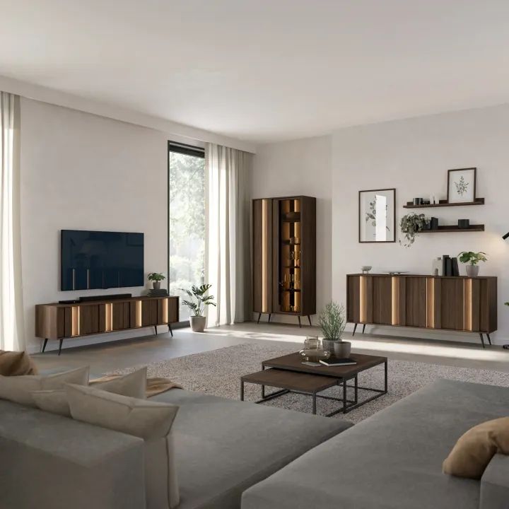 Vetrina 94x196h cm con led 2 ante 5 ripiani reversibile soggiorno noce Bois