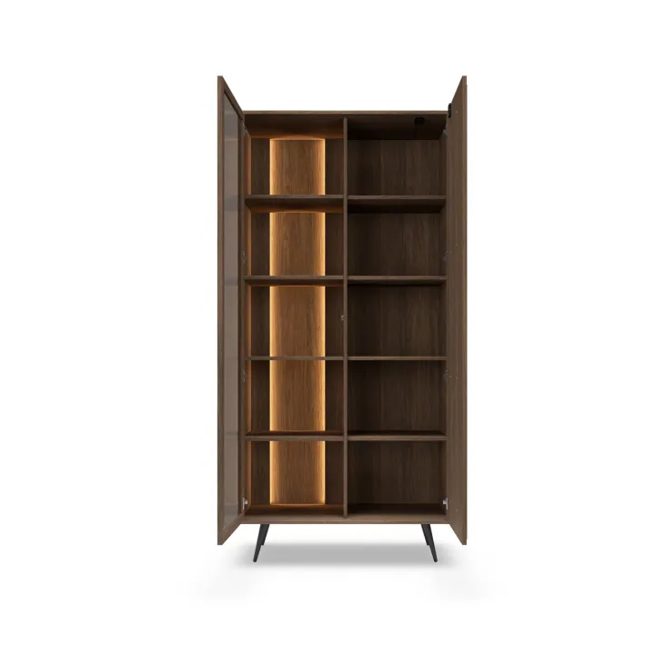 Vetrina 94x196h cm con led 2 ante 5 ripiani reversibile soggiorno noce Bois