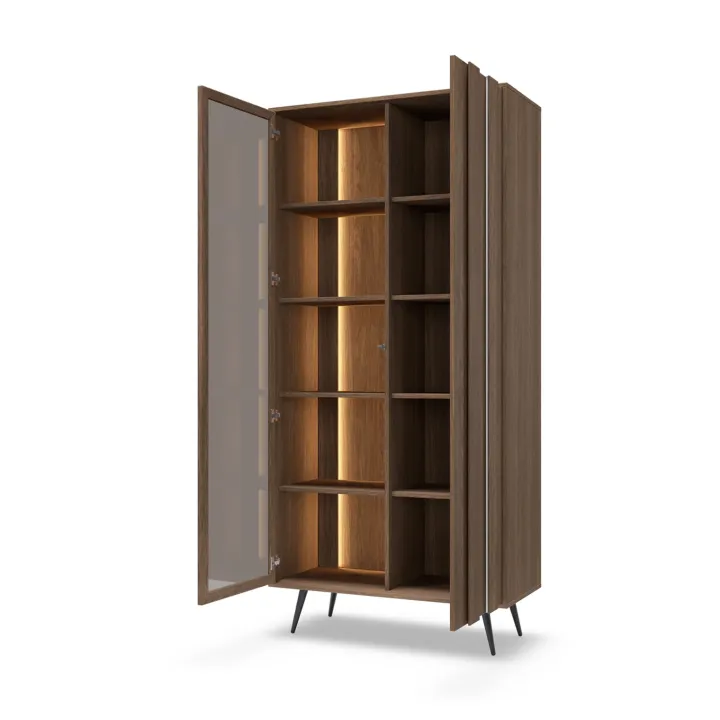 Vetrina 94x196h cm con led 2 ante 5 ripiani reversibile soggiorno noce Bois