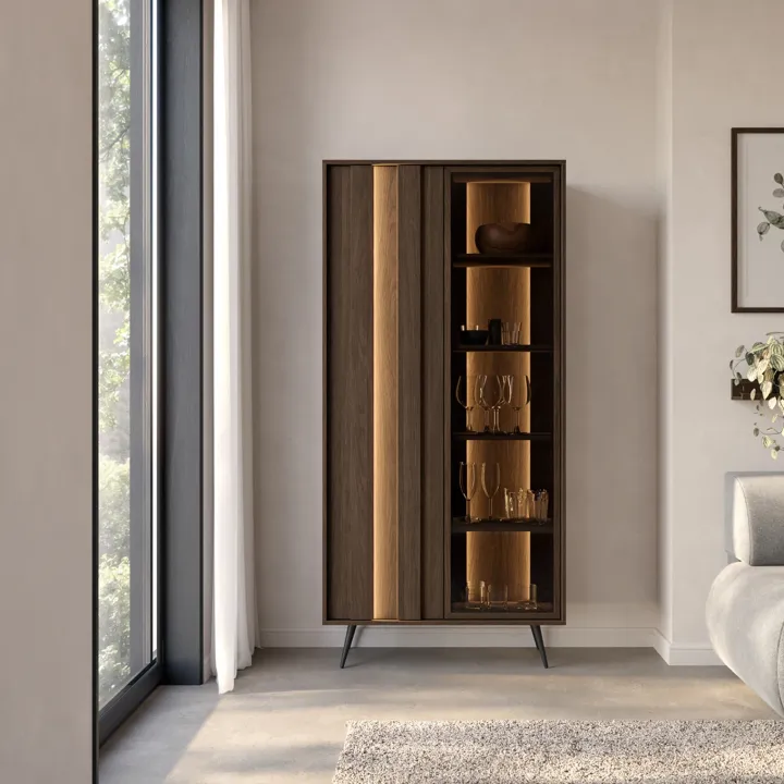 Vetrina 94x196h cm con led 2 ante 5 ripiani reversibile soggiorno noce Bois