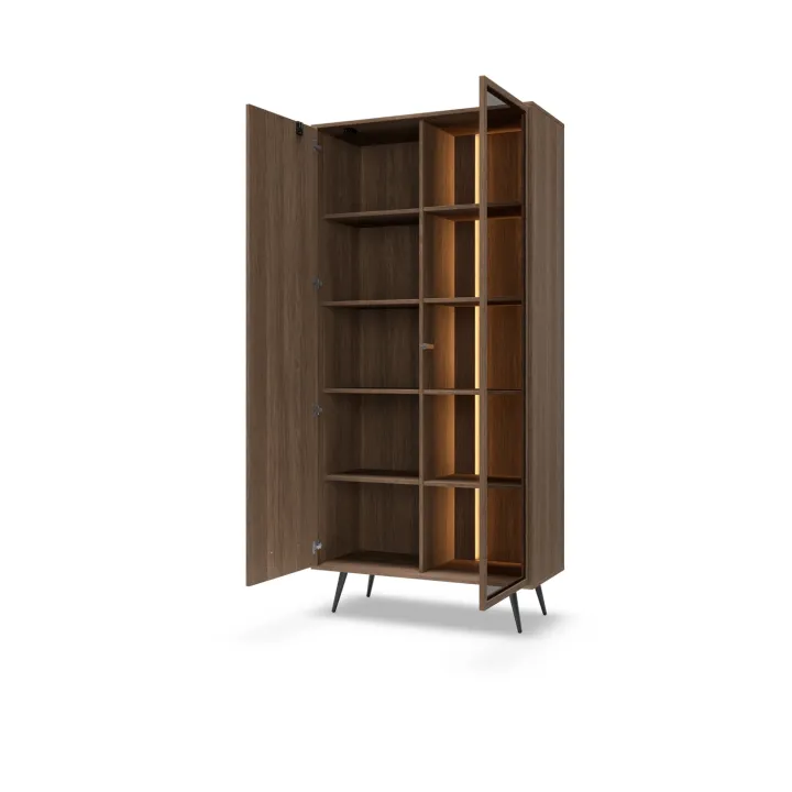 Vetrina 94x196h cm con led 2 ante 5 ripiani reversibile soggiorno noce Bois