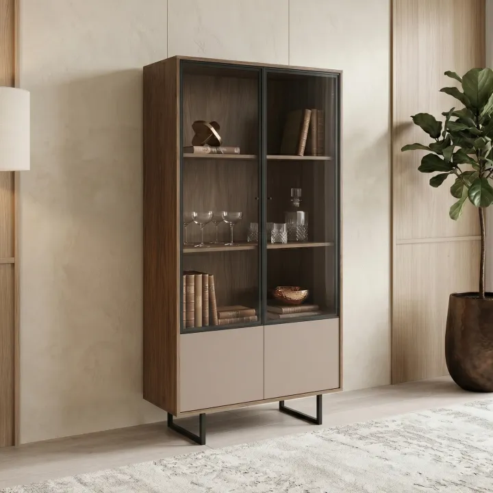Vetrinetta moderna 90x190h cm 2 ante rovere scuro tortora Domus