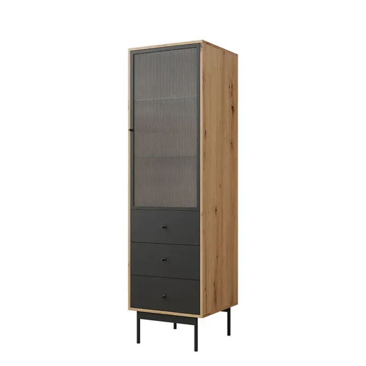 Vetrinetta 52x180h cm 1 anta 3 cassetti con led soggiorno rovere nero Herning