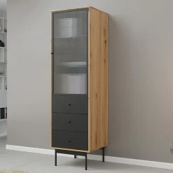 Vetrinetta 52x180h cm 1 anta 3 cassetti con led soggiorno rovere nero Herning