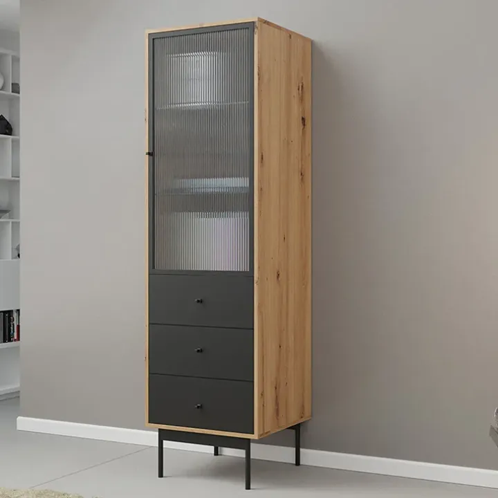 Vetrinetta 52x180h cm 1 anta 3 cassetti con led soggiorno rovere nero Herning