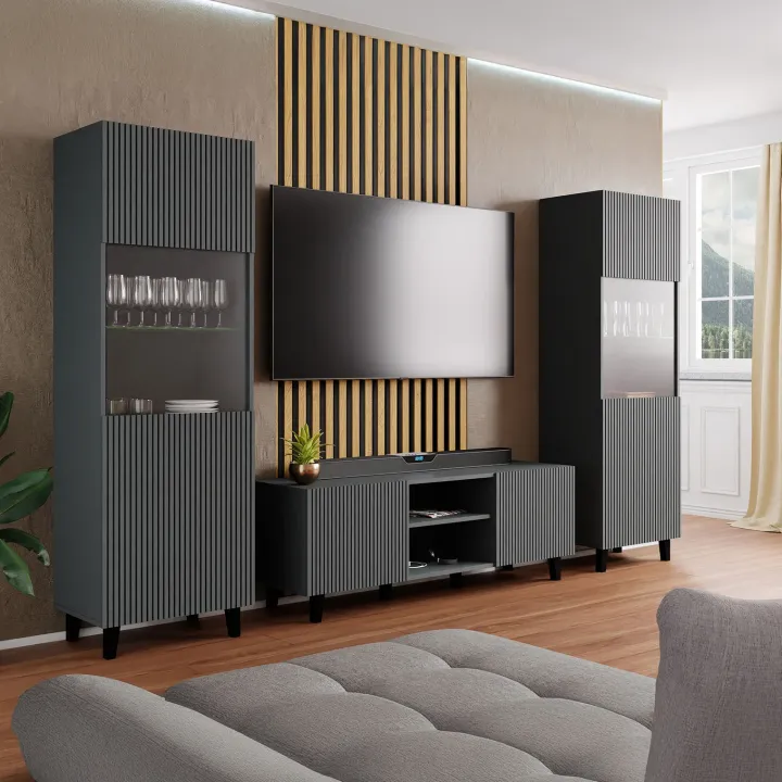 Vetrinetta 60x183h cm 1 anta moderna cannettato antracite Essence