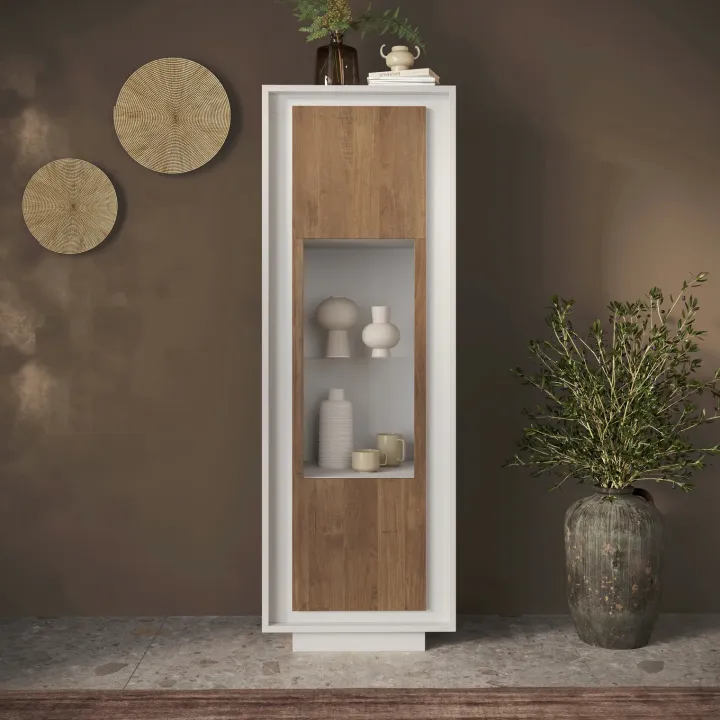 Vetrinetta 67x197h cm 1 anta moderna bianco opaco rovere scuro Deluxe