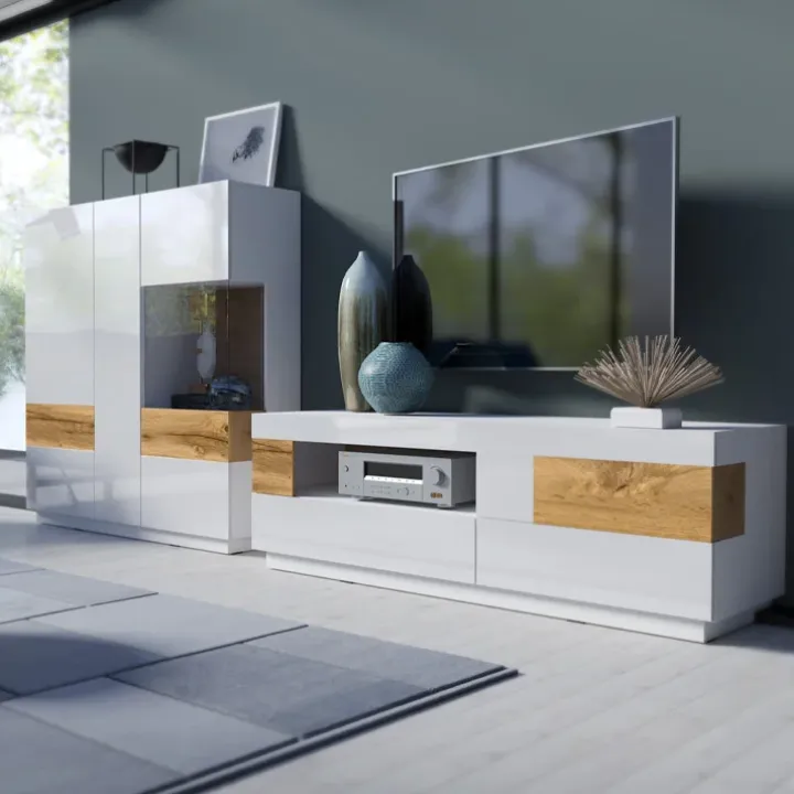 Vetrinetta 130x139h cm 3 ante bianco lucido rovere Bahama