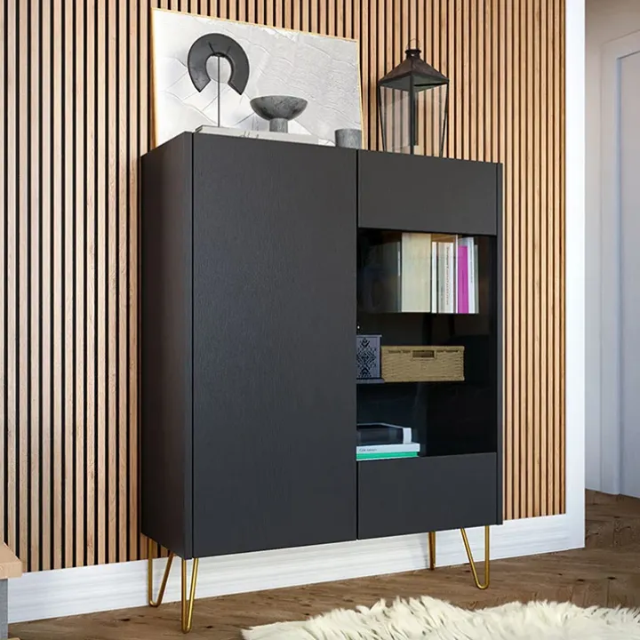 Vetrinetta 97x122h cm 2 ante moderna grafite frassinato marmo nero Visby