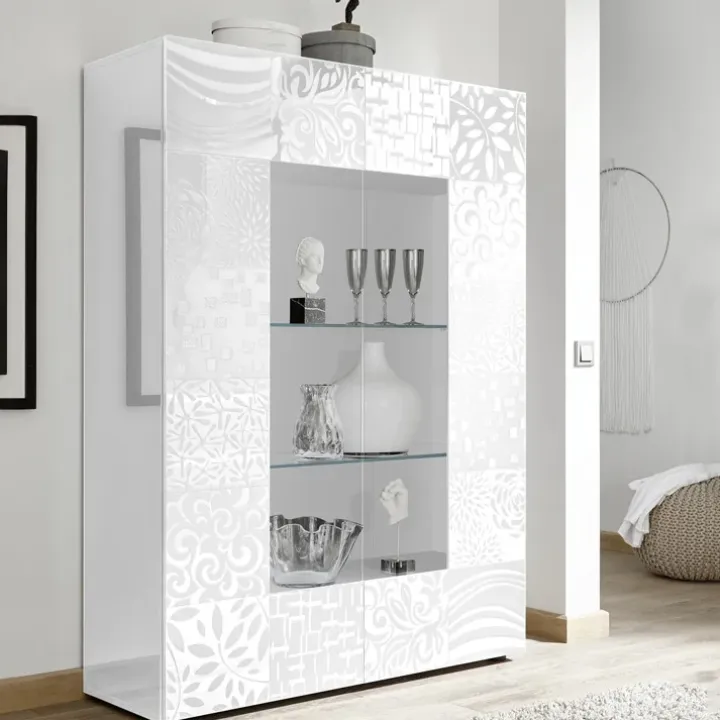 Vetrinetta 121x166h cm 2 ante moderna bianco lucido serigrafato Paradise