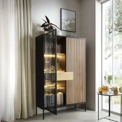 Vetrinetta 104x166h cm 2 ante moderna nero rovere antico cannettato Bali
