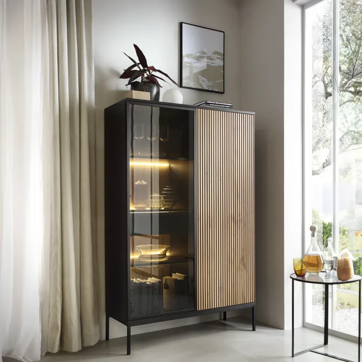 Vetrinetta 104x166h cm 2 ante moderna nero rovere antico cannettato Bali