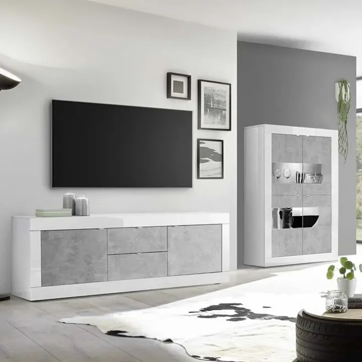 Vetrinetta 102x162h cm 4 ante soggiorno bianco lucido cemento Eternity